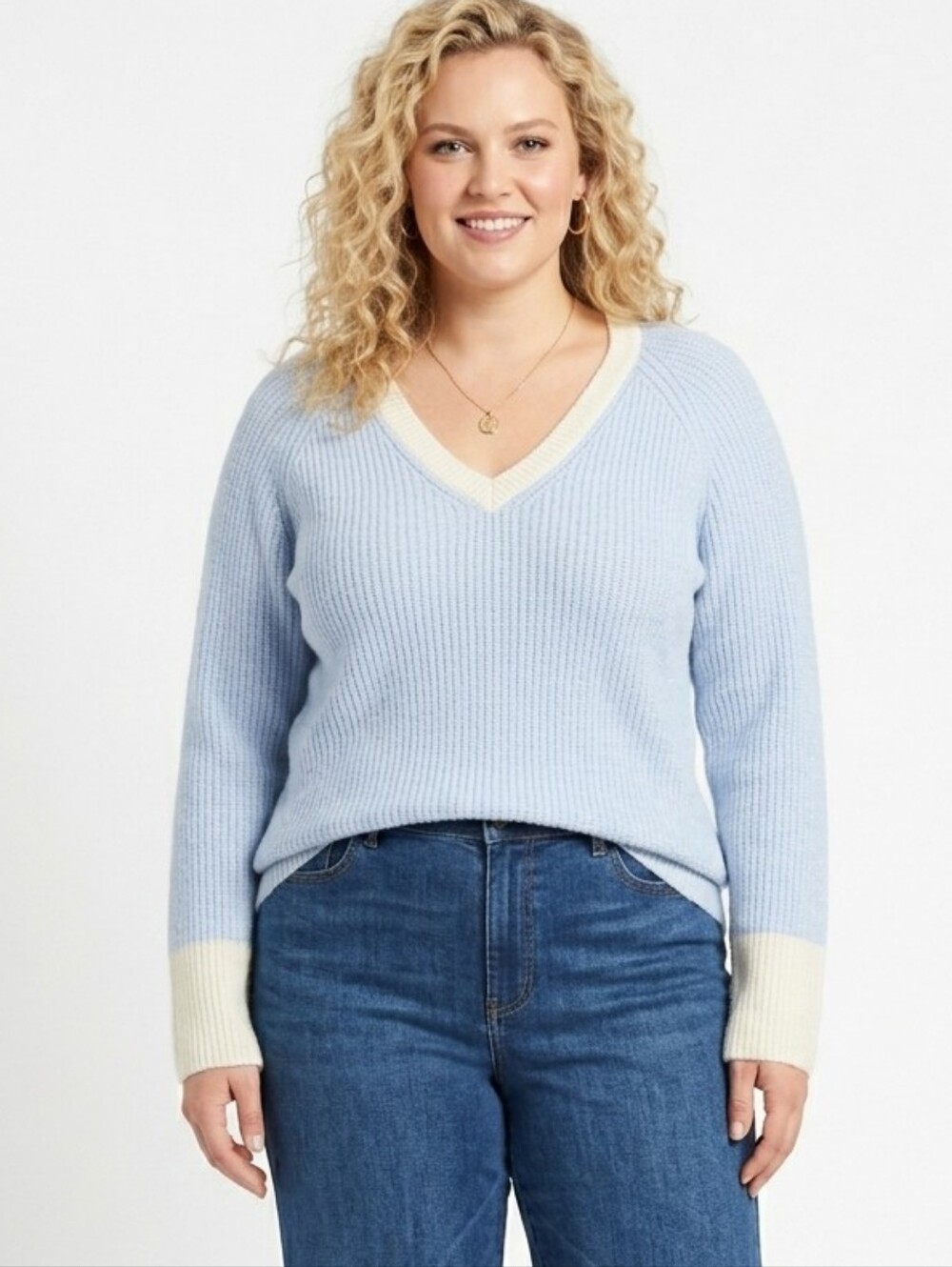 XL Talbots V‑Neck Contrast Cuff Women's Sweater in Light Blue and White Cotton